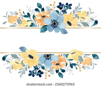 Bordure de fleur jaune bleu à l'aquarelle pour le mariage, l'anniversaire, la carte, l'arrière-plan, l'invitation, fond d'écran, autocollant, décoration, etc.