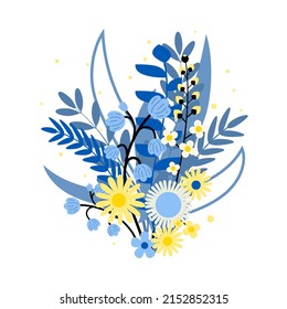 Yellow and blue flowers bouquet. Stand with and support Ukraine. Pray Ukraine. Russian-Ukrainian conflict. Stop world war. Banner design. 