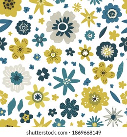 yellow and blue flowers with leaves seamless pattern, vector hand drawing greeting card template 