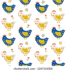 Yellow and blue funny chickens on white background, surface design, seamless pattern for kitchen cloth, textile, folk fabric, Easter wrapping paper, package, summer farm backdrop