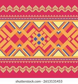 Yellow, Blue geometric ethnic pattern on red background. Native American tribal fabric, tile, carpet, rug, wrapping paper, sarong seamless pattern. indian traditional dress. Vector illustration.