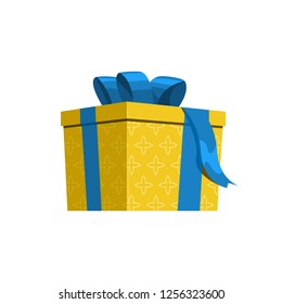 Yellow and blue gift illustration. Present, package, bow. Festive concept. Vector illustration can be used for topics like Christmas, New Year, festivals