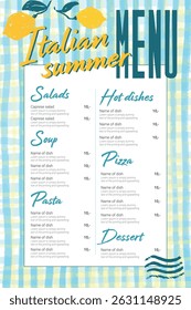 Fondo dibujado a mano de Gingham azul amarillo para el menú italiano. Plantilla para el diseño de verano con limones y copyspace. Cafetería, restaurante. Boceto áspero.