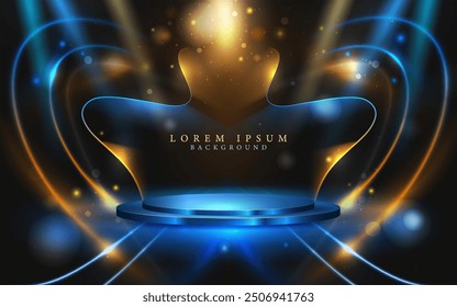 yellow and blue glowing elegant lines abstract digital luxury award background,presentation stage backdrop.vector illustration light effects and light rays decorative wallpaper.