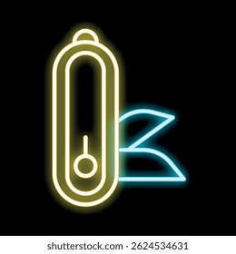 Icono de cuchillo de bolsillo multiherramienta de neón brillante amarillo y azul aislado sobre fondo negro