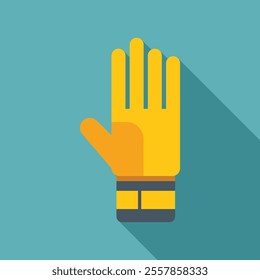 Yellow and blue goalkeeper glove protecting hand during soccer game icon in flat style on a turquoise background