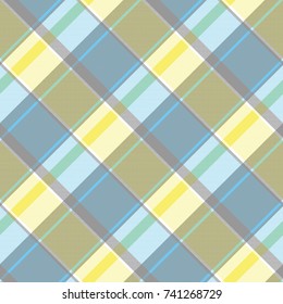 Yellow blue gray pixel plaid seamless pattern. Vector illustration.