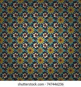 Yellow, blue and gray vector illustration. Floral illusion seamless pattern.