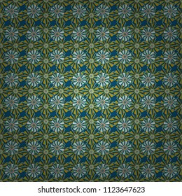 Yellow, blue and green colors vector seamless pattern with many flowers.