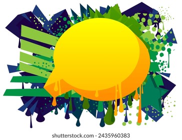 Yellow, Blue, and green Graffiti speech bubble. Abstract modern Messaging sign street art decoration, Discussion icon performed in urban painting style.