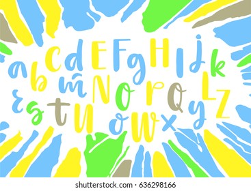 Yellow, blue, green mixed lowercase and uppercase handwritten vector brush pen alphabet on white background with smudges.