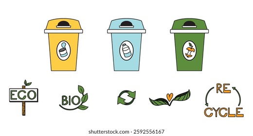 Yellow, Blue and Green Trash Bins Vector illustration; Sorting trash bins for cans, glasses and food remains. Set of colourful garbage containers, ECO, BIO and RECYCLE signs on isolated background.