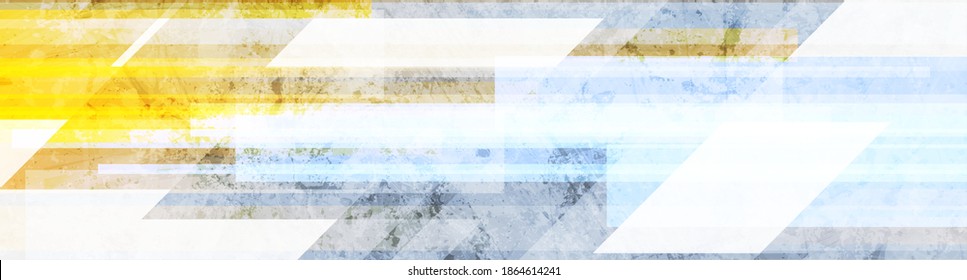 Yellow and blue grunge geometric abstract wide background. Hi-tech retro web banner design