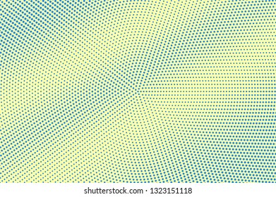 Yellow blue halftone vector background. Small halftone texture. Micro dotwork gradient. Vibrant dotted vector background. Retro halftone overlay. Vintage cartoon effect. Perforated texture