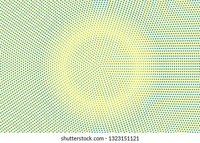 Yellow blue halftone vector background. Grungy halftone texture. Round dotwork gradient. Vibrant dotted vector background. Retro halftone overlay. Vintage cartoon effect. Perforated texture