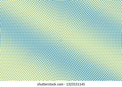 Yellow blue halftone vector background. Small halftone texture. Diagonal dotwork gradient. Vibrant dotted vector background. Retro halftone overlay. Vintage cartoon effect. Perforated texture
