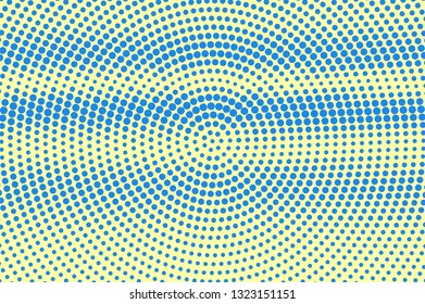 Yellow blue halftone vector background. Centered halftone texture. Horizontal dotwork gradient. Vibrant dotted vector background. Retro halftone overlay. Vintage cartoon effect. Perforated texture