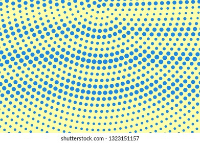 Yellow blue halftone vector background. Oversized halftone texture. Horizontal dotwork gradient. Vibrant dotted vector background. Retro halftone overlay. Vintage cartoon effect. Perforated texture