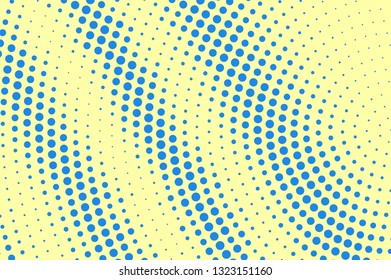 Yellow blue halftone vector background. Striped halftone texture. Diagonal dotwork gradient. Vibrant dotted vector background. Retro halftone overlay. Vintage cartoon effect. Perforated texture