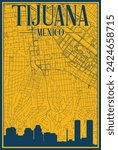 Yellow and blue hand-drawn framed poster of the downtown TIJUANA, MEXICO with highlighted vintage city skyline and lettering