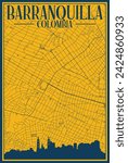 Yellow and blue hand-drawn framed poster of the downtown BARRANQUILLA, COLOMBIA with highlighted vintage city skyline and lettering