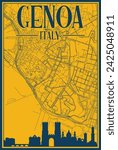 Yellow and blue hand-drawn framed poster of the downtown GENOA, ITALY with highlighted vintage city skyline and lettering