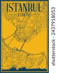 Yellow and blue hand-drawn framed poster of the downtown ISTANBUL, TURKEY with highlighted vintage city skyline and lettering