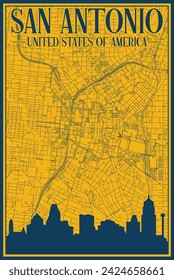 Yellow and blue hand-drawn framed poster of the downtown SAN ANTONIO, UNITED STATES OF AMERICA with highlighted vintage city skyline and lettering