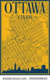 Yellow and blue hand-drawn framed poster of the downtown OTTAWA, CANADA with highlighted vintage city skyline and lettering