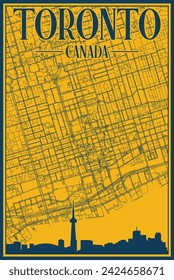 Yellow and blue hand-drawn framed poster of the downtown TORONTO, CANADA with highlighted vintage city skyline and lettering