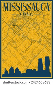 Afiche enmarcado a mano en amarillo y azul del centro de MISSISSAUGA, CANADÁ, con el horizonte de la ciudad vintage y letras destacadas