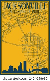 Yellow and blue hand-drawn framed poster of the downtown JACKSONVILLE, UNITED STATES OF AMERICA with highlighted vintage city skyline and lettering