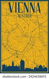 Yellow and blue hand-drawn framed poster of the downtown VIENNA, AUSTRIA with highlighted vintage city skyline and lettering