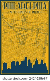 Afiche enmarcado a mano en amarillo y azul del centro de FILADELFIA, ESTADOS UNIDOS DE AMÉRICA, con el horizonte de la ciudad vintage y letras destacadas