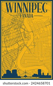 Yellow and blue hand-drawn framed poster of the downtown WINNIPEG, CANADA with highlighted vintage city skyline and lettering