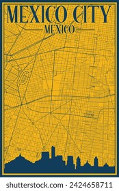 Yellow and blue hand-drawn framed poster of the downtown MEXICO CITY, MEXICO with highlighted vintage city skyline and lettering