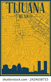 Yellow and blue hand-drawn framed poster of the downtown TIJUANA, MEXICO with highlighted vintage city skyline and lettering
