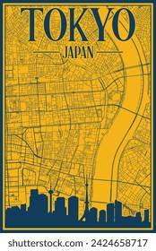 Yellow and blue hand-drawn framed poster of the downtown TOKYO, JAPAN with highlighted vintage city skyline and lettering
