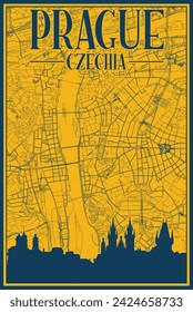 Yellow and blue hand-drawn framed poster of the downtown PRAGUE, CZECHIA with highlighted vintage city skyline and lettering