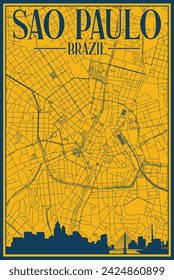 Afiche enmarcado a mano amarillo y azul del centro de SAO PAULO, BRASIL con el horizonte de la ciudad vintage destacado y letras