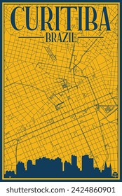 Yellow and blue hand-drawn framed poster of the downtown CURITIBA, BRAZIL with highlighted vintage city skyline and lettering