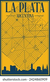 Gelb und blau handgezeichnetes gerahmtes Poster der Innenstadt von LA PLATA, ARGENTINIEN mit hervorgehobener Vintage-City-Skyline und Schriftzug