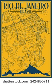 Yellow and blue hand-drawn framed poster of the downtown RIO DE JANEIRO, BRAZIL with highlighted vintage city skyline and lettering