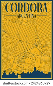 Yellow and blue hand-drawn framed poster of the downtown CORDOBA, ARGENTINA with highlighted vintage city skyline and lettering