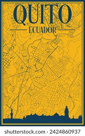 Yellow and blue hand-drawn framed poster of the downtown QUITO, ECUADOR with highlighted vintage city skyline and lettering
