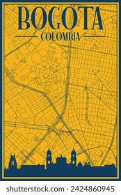 Afiche enmarcado a mano en amarillo y azul del centro de BOGOTÁ, COLOMBIA, con el horizonte y las letras de la ciudad vintage destacadas