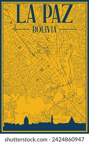 Yellow and blue hand-drawn framed poster of the downtown LA PAZ, BOLIVIA with highlighted vintage city skyline and lettering