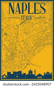 Póster enmarcado a mano en amarillo y azul del centro de NÁPOLES, ITALIA, con el perfil y letras de la ciudad vintage destacadas