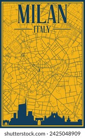 Afiche enmarcado a mano en amarillo y azul del centro de MILÁN, ITALIA, con el perfil destacado de la ciudad vintage y letras