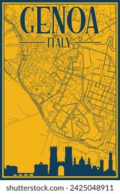 Afiche enmarcado a mano en amarillo y azul del centro de GÉNOVA, ITALIA, con el paisaje de la ciudad vintage y letras destacadas